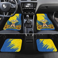 Blue car floor mats with gold dove, sunflowers, and custom design panels