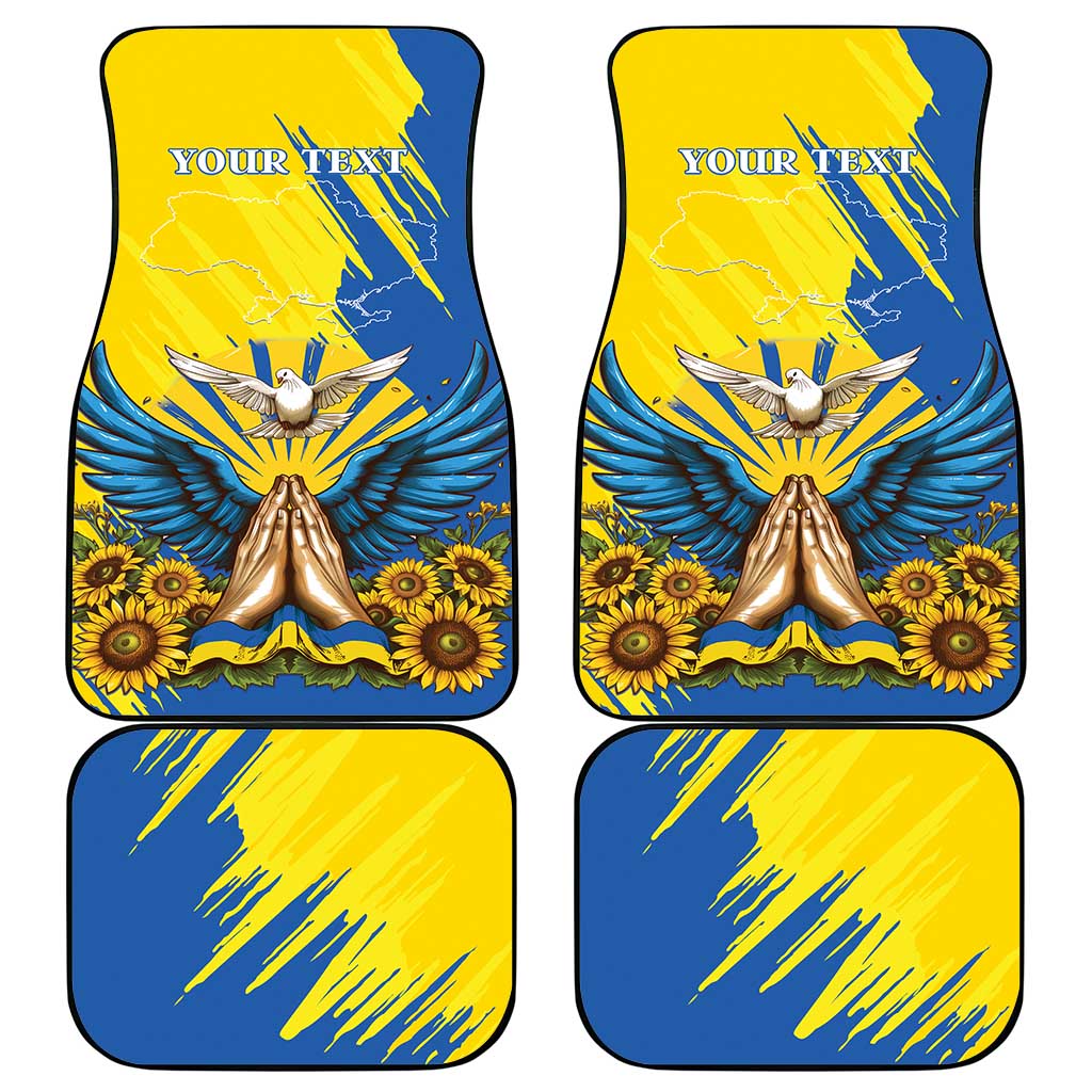 Four blue car floor mats with gold dove, sunflowers, and text placeholder panels