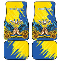 Four blue car floor mats with gold dove, sunflowers, and text placeholder panels