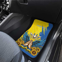 Blue rear car floor mat with gold dove, sunflowers, and custom text area