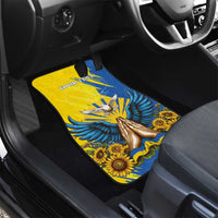 Blue passenger car floor mat with gold dove, sunflowers, and custom text area