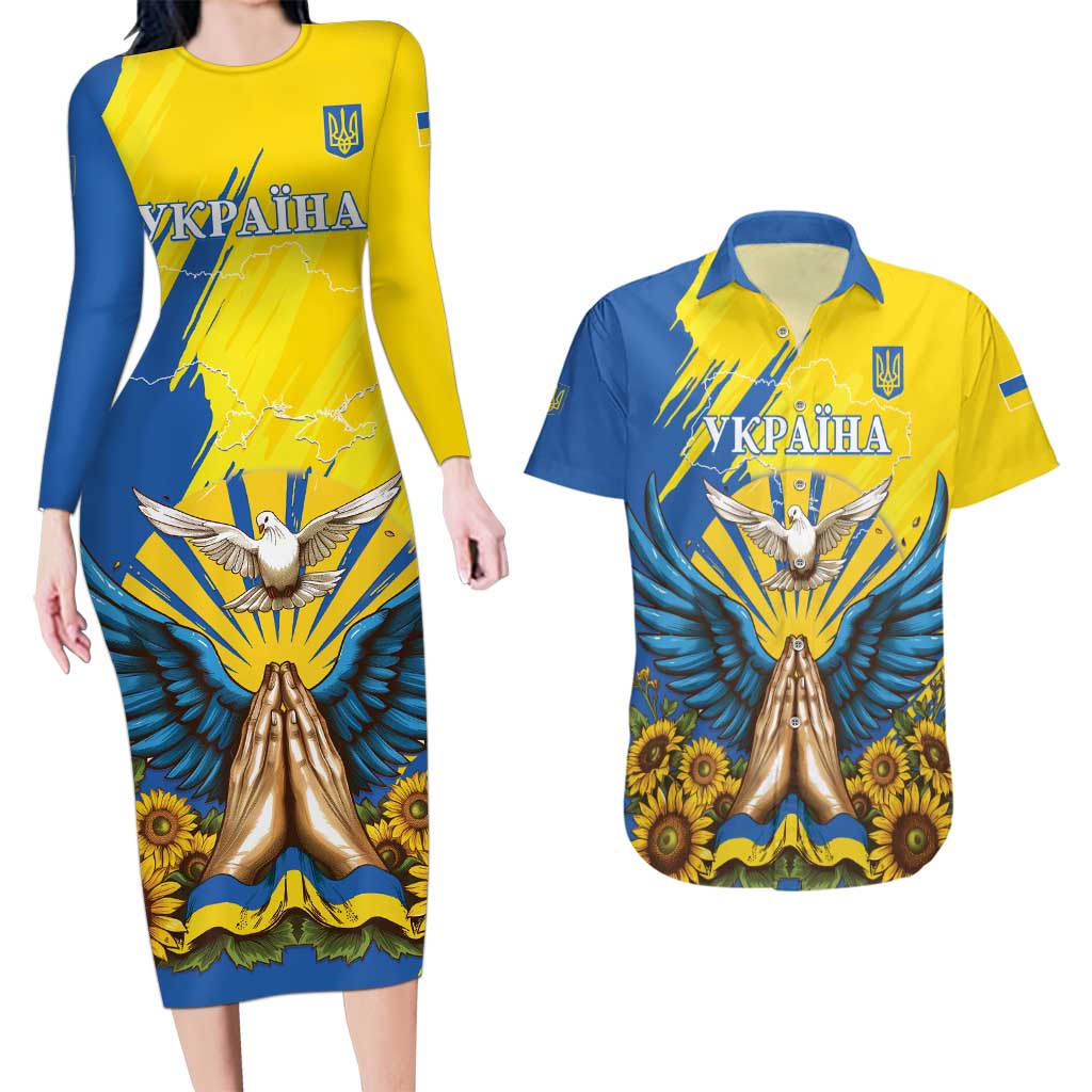 Ukraine Independence Day Couples Matching Long Sleeve Bodycon Dress and Hawaiian Shirt Ukrainian Dove Sunflower - Wonder Print Shop