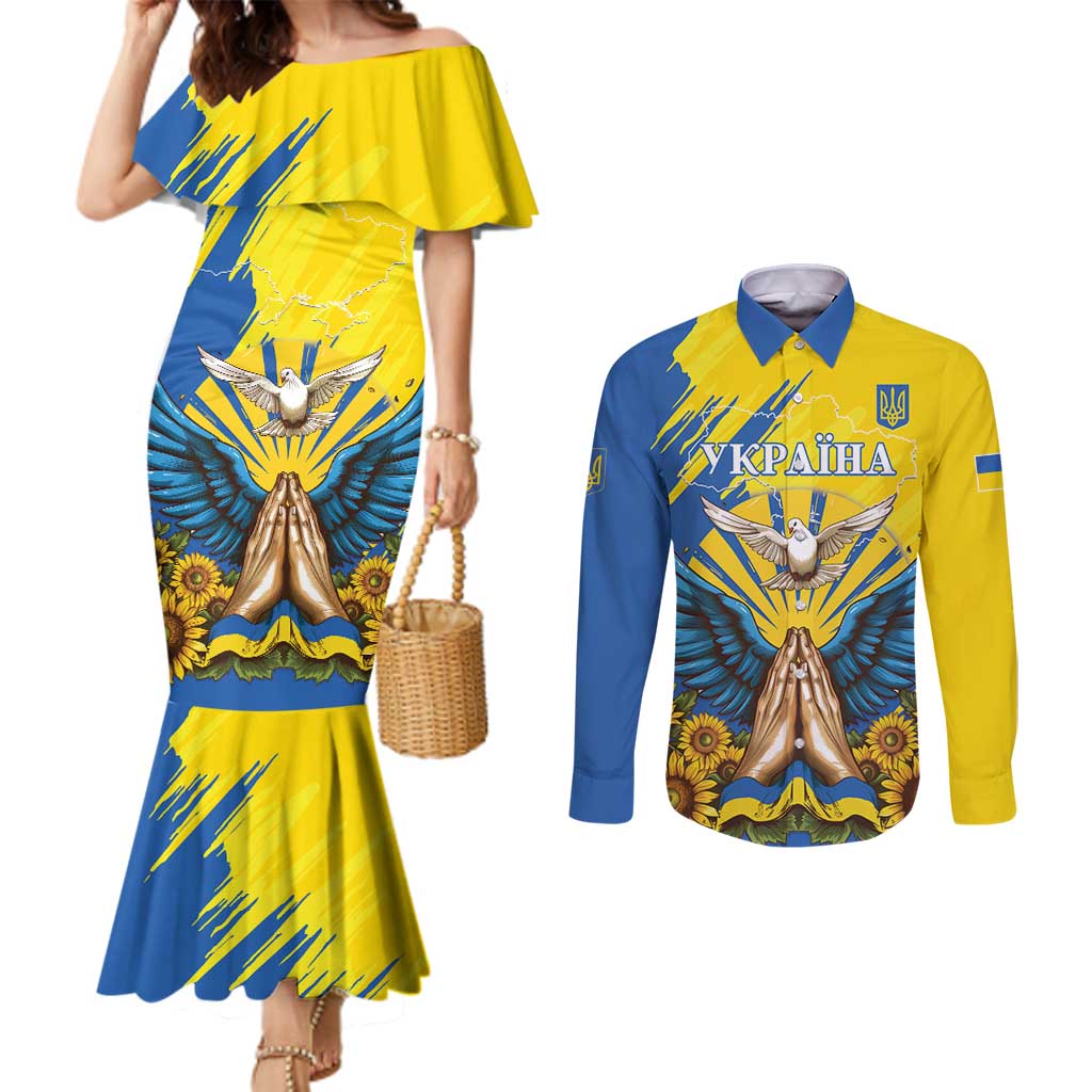 Ukraine Independence Day Couples Matching Mermaid Dress and Long Sleeve Button Shirt Ukrainian Dove Sunflower