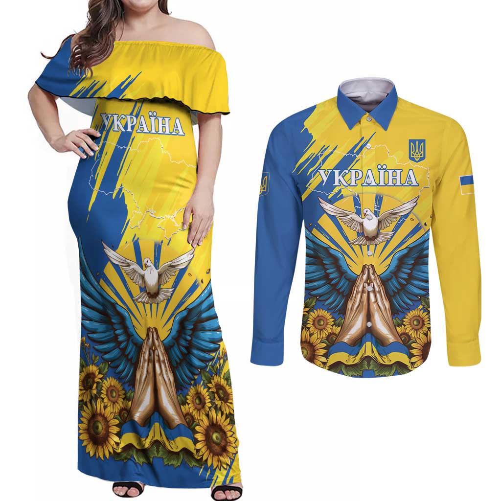 Ukraine Independence Day Couples Matching Off Shoulder Maxi Dress and Long Sleeve Button Shirt Ukrainian Dove Sunflower - Wonder Print Shop