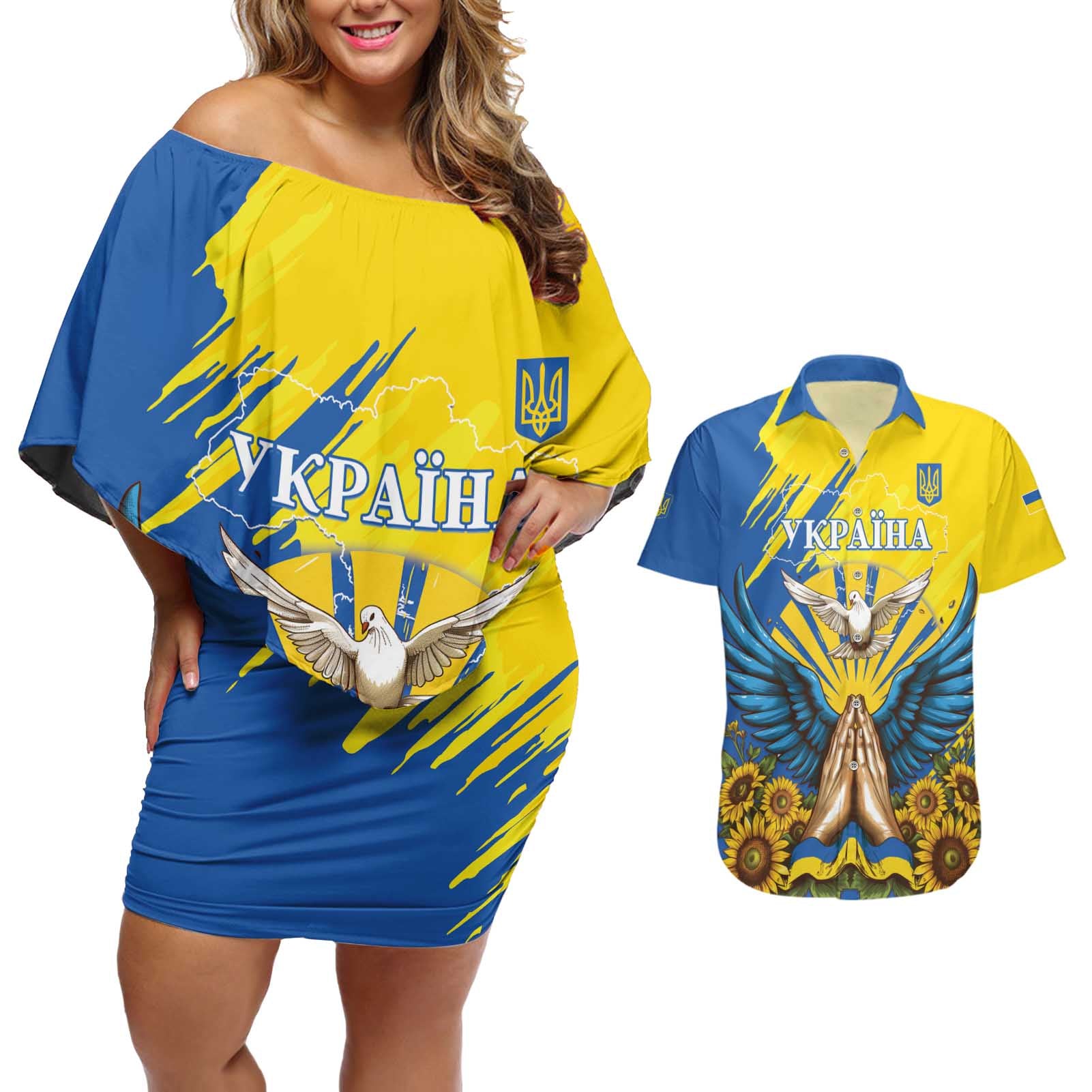 Ukraine Independence Day Couples Matching Off Shoulder Short Dress and Hawaiian Shirt Ukrainian Dove Sunflower - Wonder Print Shop