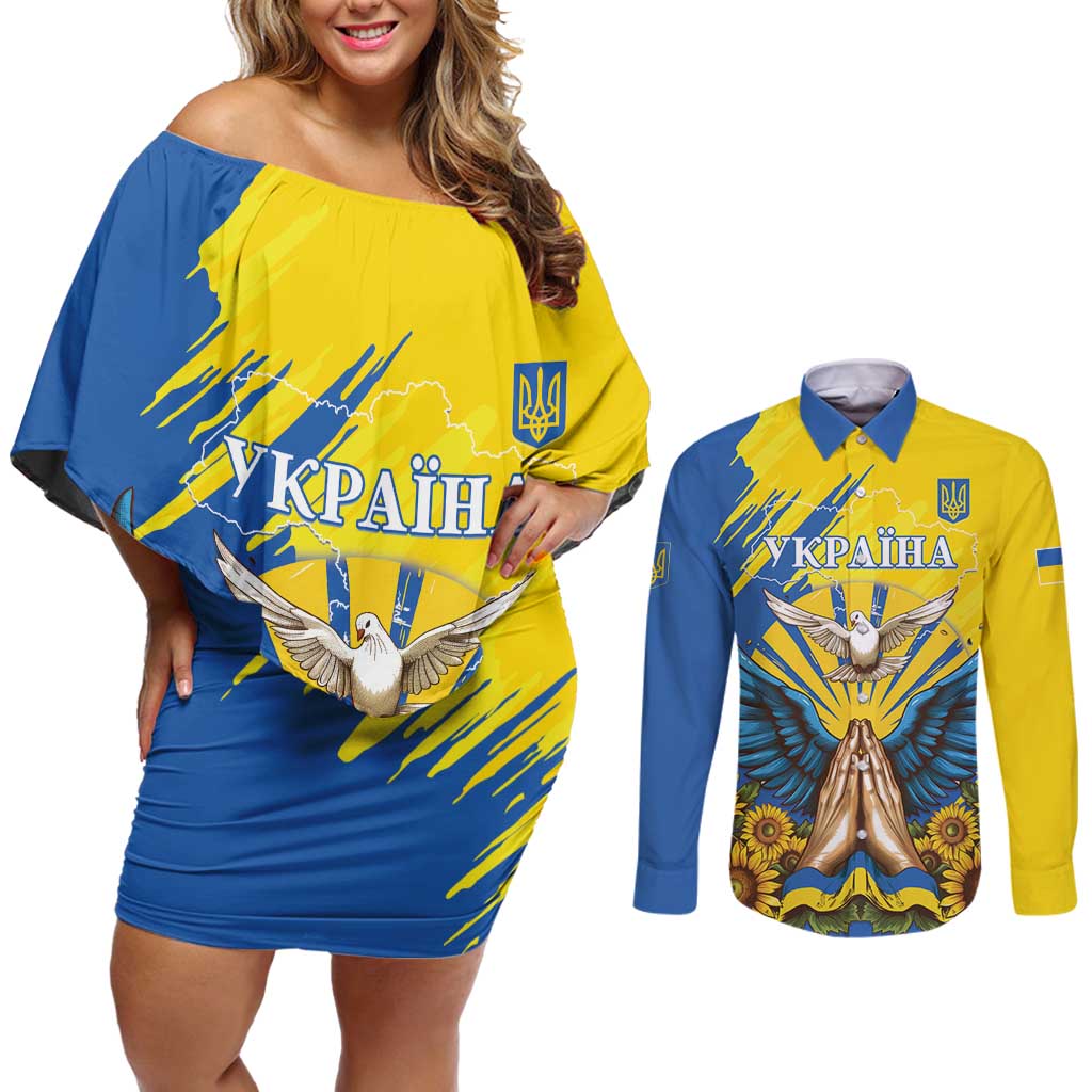 Ukraine Independence Day Couples Matching Off Shoulder Short Dress and Long Sleeve Button Shirt Ukrainian Dove Sunflower - Wonder Print Shop