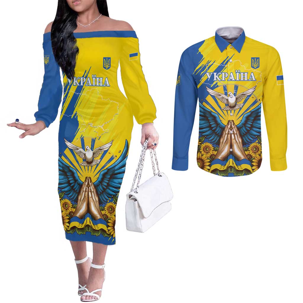 Ukraine Independence Day Couples Matching Off The Shoulder Long Sleeve Dress and Long Sleeve Button Shirt Ukrainian Dove Sunflower