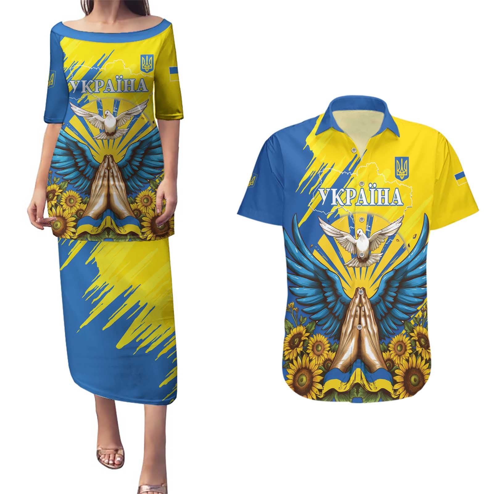 Ukraine Independence Day Couples Matching Puletasi and Hawaiian Shirt Ukrainian Dove Sunflower - Wonder Print Shop