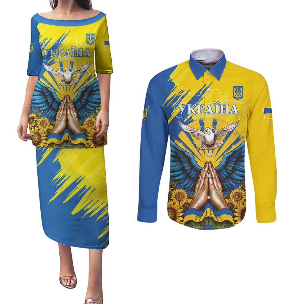 Ukraine Independence Day Couples Matching Puletasi and Long Sleeve Button Shirt Ukrainian Dove Sunflower - Wonder Print Shop