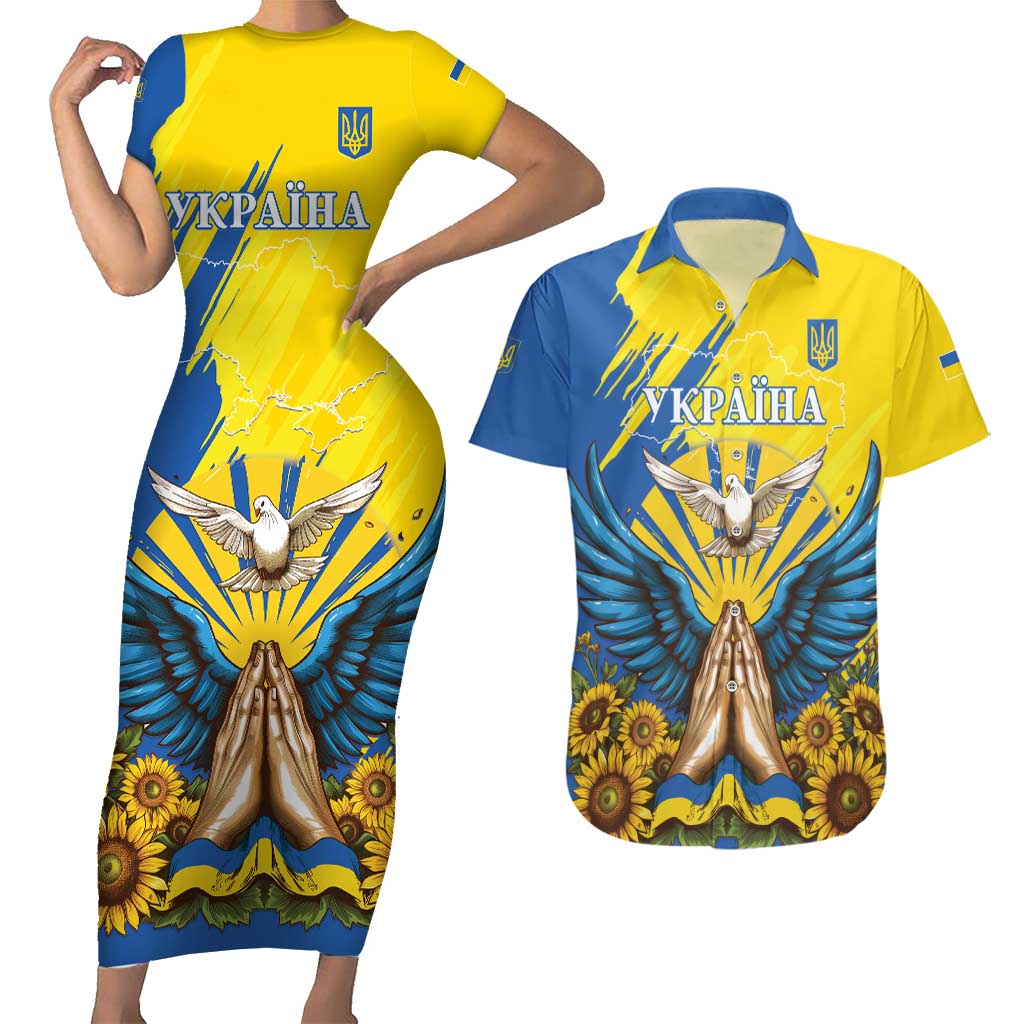 Ukraine Independence Day Couples Matching Short Sleeve Bodycon Dress and Hawaiian Shirt Ukrainian Dove Sunflower - Wonder Print Shop