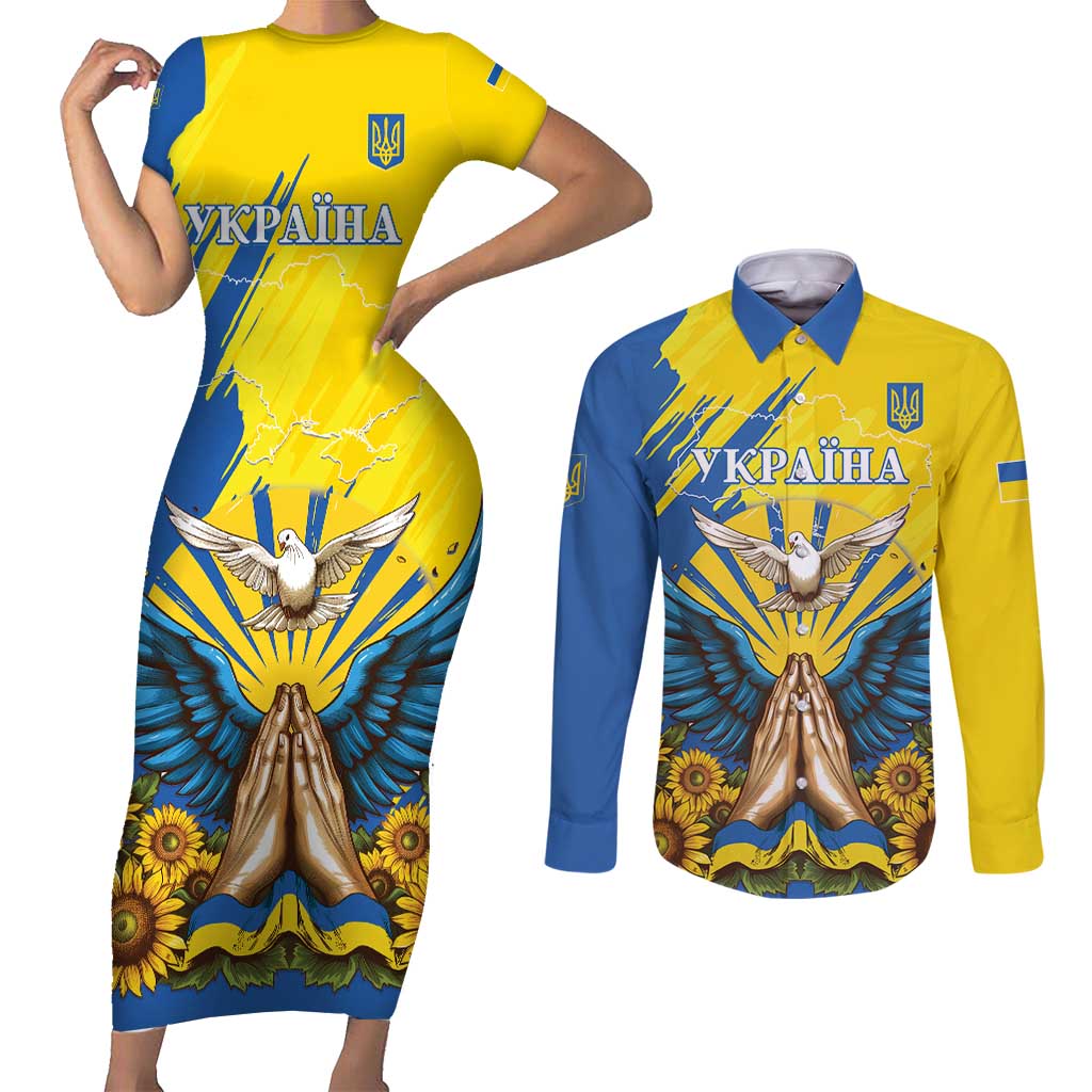 Ukraine Independence Day Couples Matching Short Sleeve Bodycon Dress and Long Sleeve Button Shirt Ukrainian Dove Sunflower - Wonder Print Shop