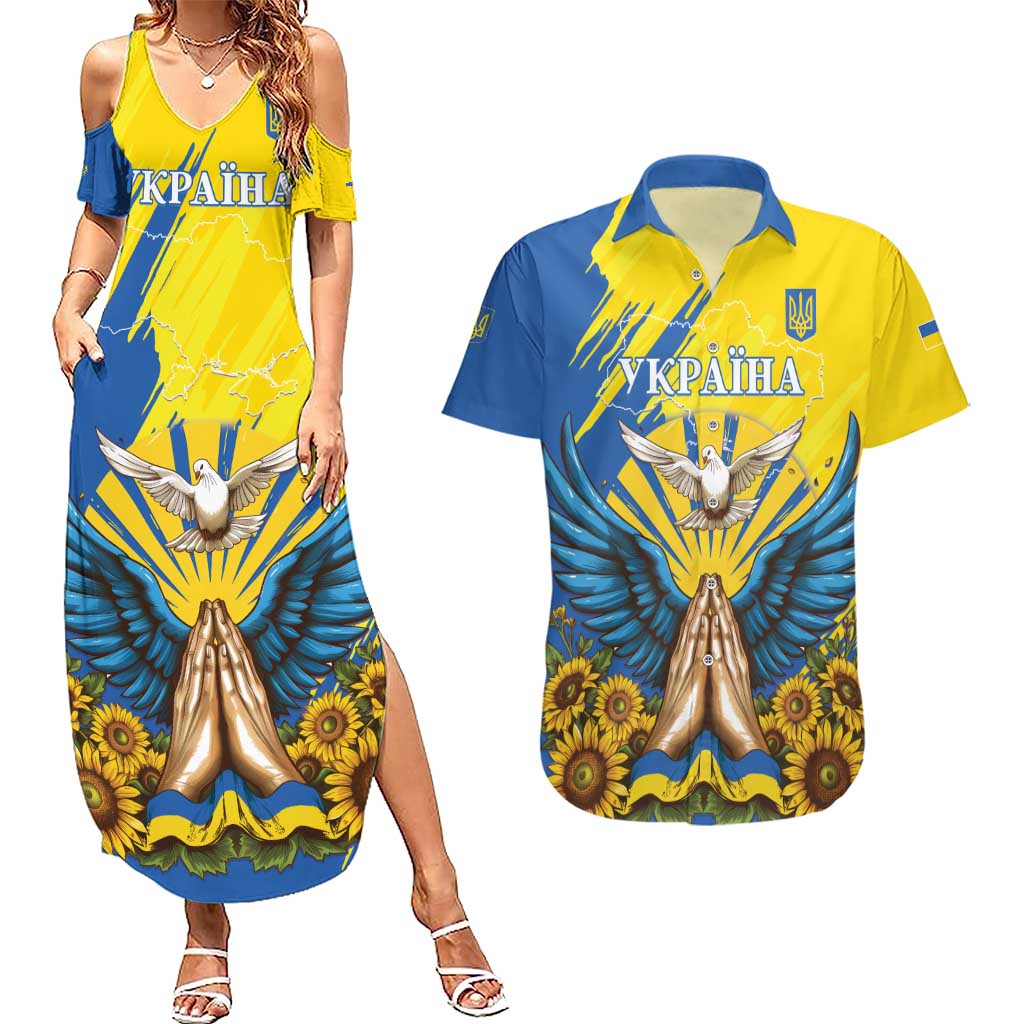 Ukraine Independence Day Couples Matching Summer Maxi Dress and Hawaiian Shirt Ukrainian Dove Sunflower - Wonder Print Shop