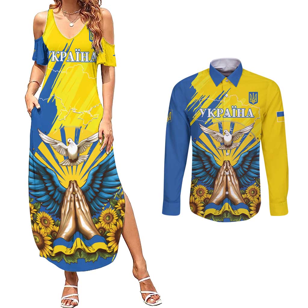 Ukraine Independence Day Couples Matching Summer Maxi Dress and Long Sleeve Button Shirt Ukrainian Dove Sunflower - Wonder Print Shop