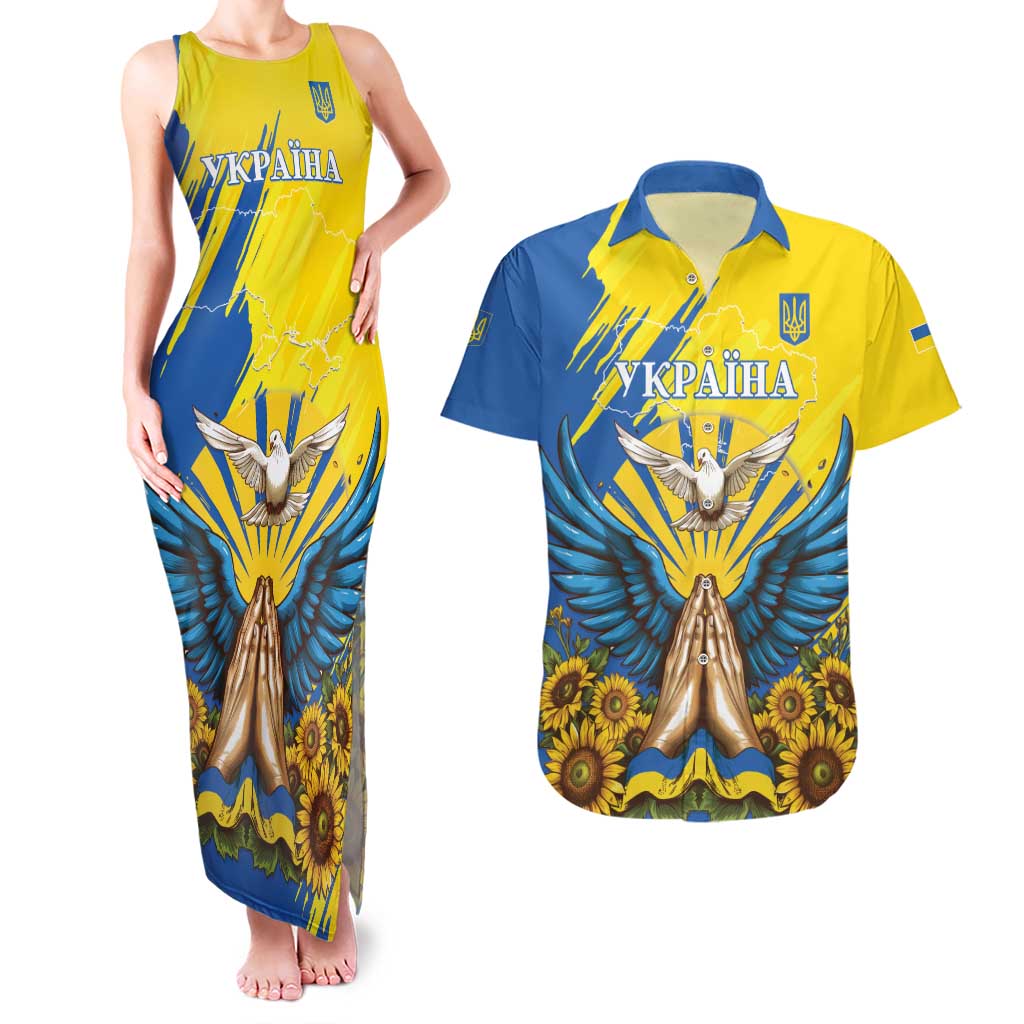 Ukraine Independence Day Couples Matching Tank Maxi Dress and Hawaiian Shirt Ukrainian Dove Sunflower - Wonder Print Shop