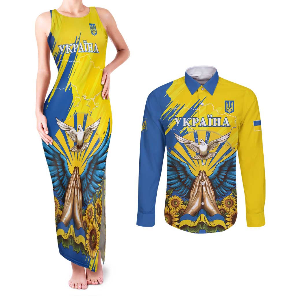 Ukraine Independence Day Couples Matching Tank Maxi Dress and Long Sleeve Button Shirt Ukrainian Dove Sunflower - Wonder Print Shop