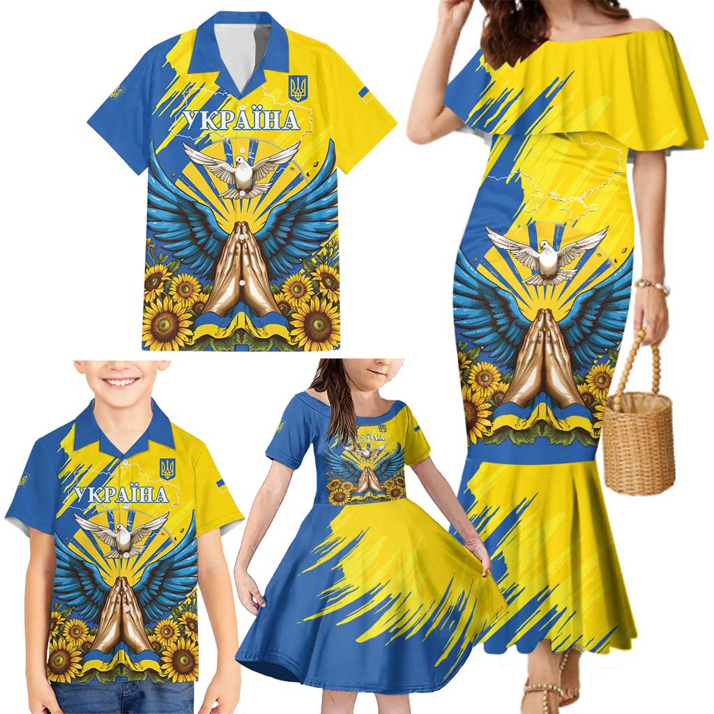 Ukraine Independence Day Family Matching Mermaid Dress and Hawaiian Shirt Ukrainian Dove Sunflower - Wonder Print Shop