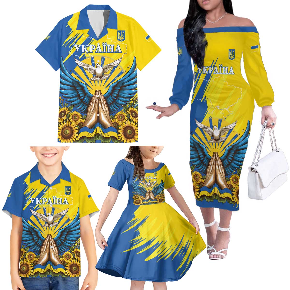 Ukraine Independence Day Family Matching Off The Shoulder Long Sleeve Dress and Hawaiian Shirt Ukrainian Dove Sunflower - Wonder Print Shop