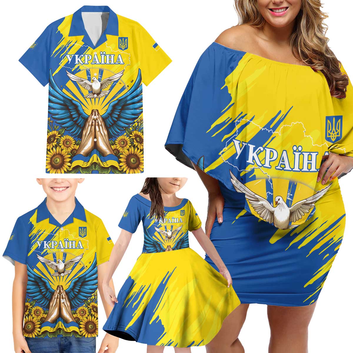 Ukraine Independence Day Family Matching Off Shoulder Short Dress and Hawaiian Shirt Ukrainian Dove Sunflower - Wonder Print Shop