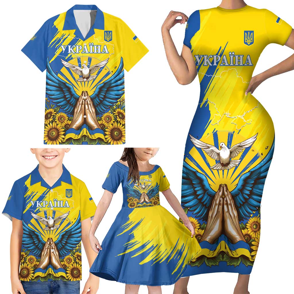 Ukraine Independence Day Family Matching Short Sleeve Bodycon Dress and Hawaiian Shirt Ukrainian Dove Sunflower - Wonder Print Shop