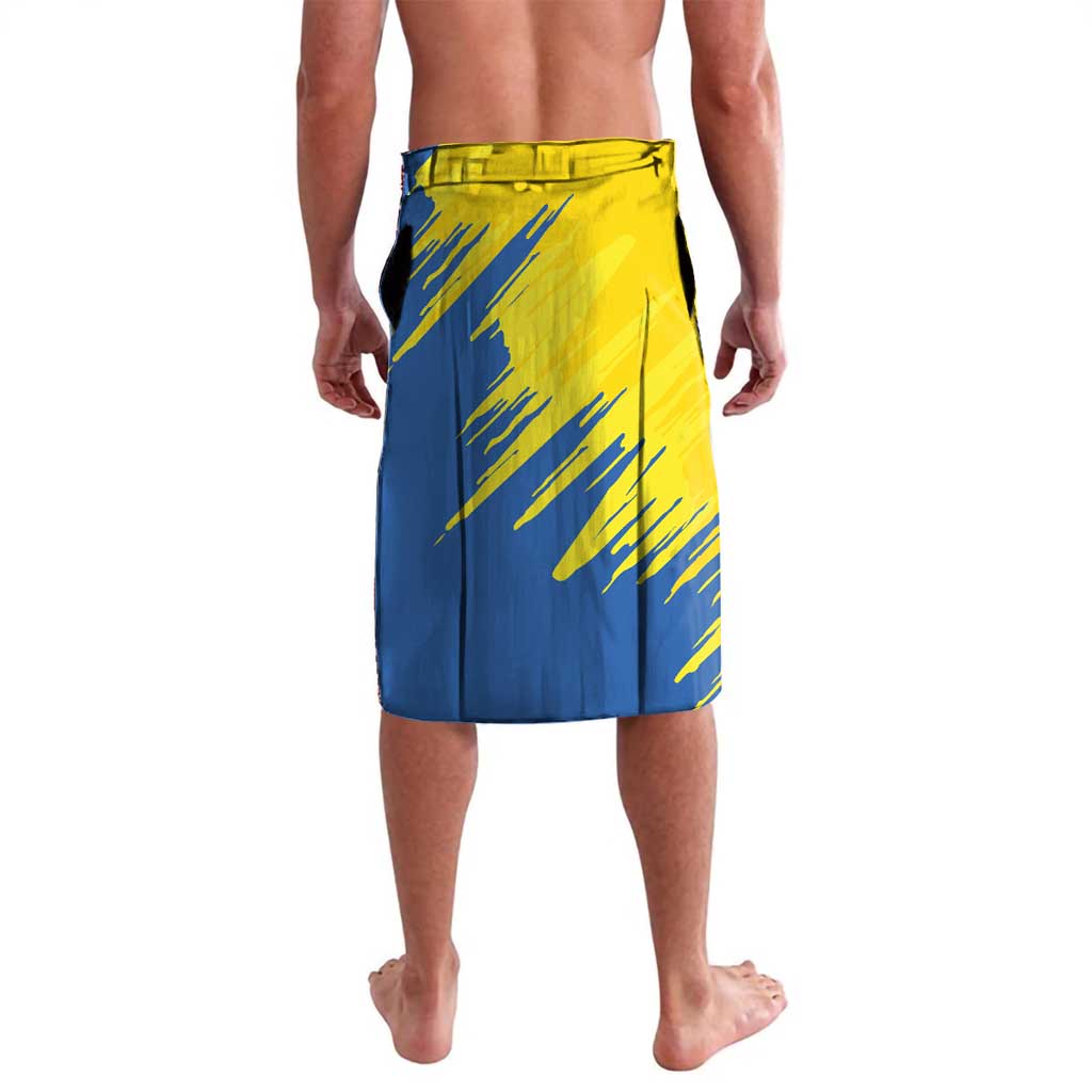 Blue and yellow lavalava skirt with bold stripe pattern and hemmed waistband