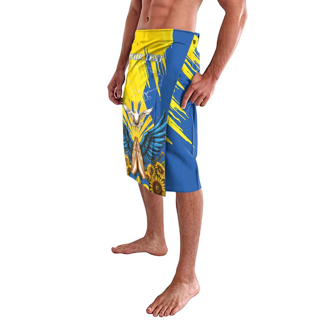 Blue and yellow lavalava skirt with dove and sunflower graphic on front