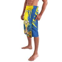Blue and yellow lavalava skirt with dove and sunflower graphic on front