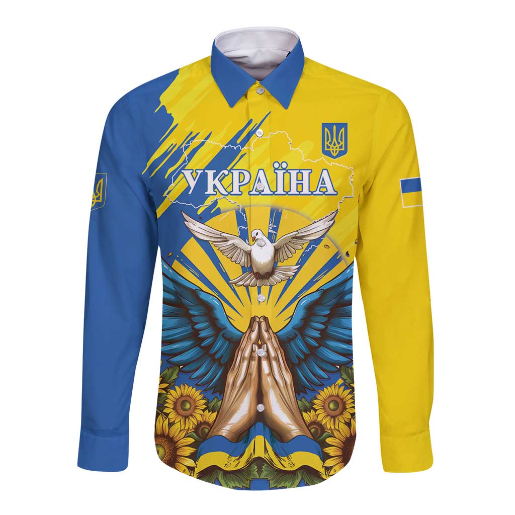 Blue and yellow long-sleeve button shirt with dove and sunflowers graphic