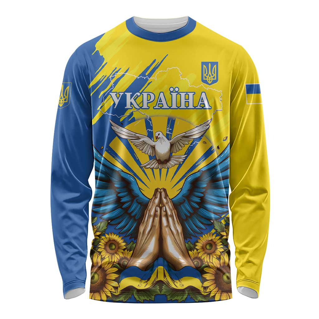 Unisex long-sleeve shirt in blue and yellow with dove, trident emblem, and sunflower print