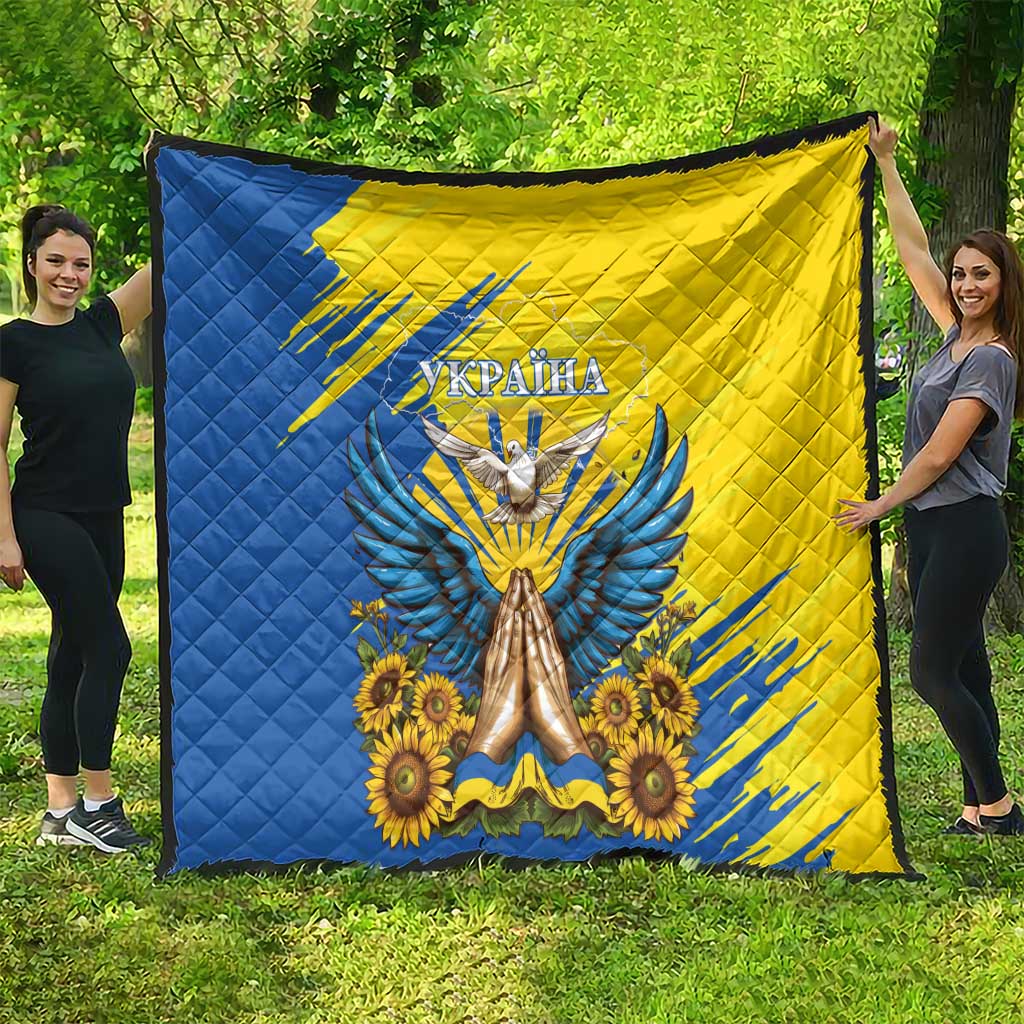 Ukrainian quilt with dove, sunflower, and blue-yellow flag design