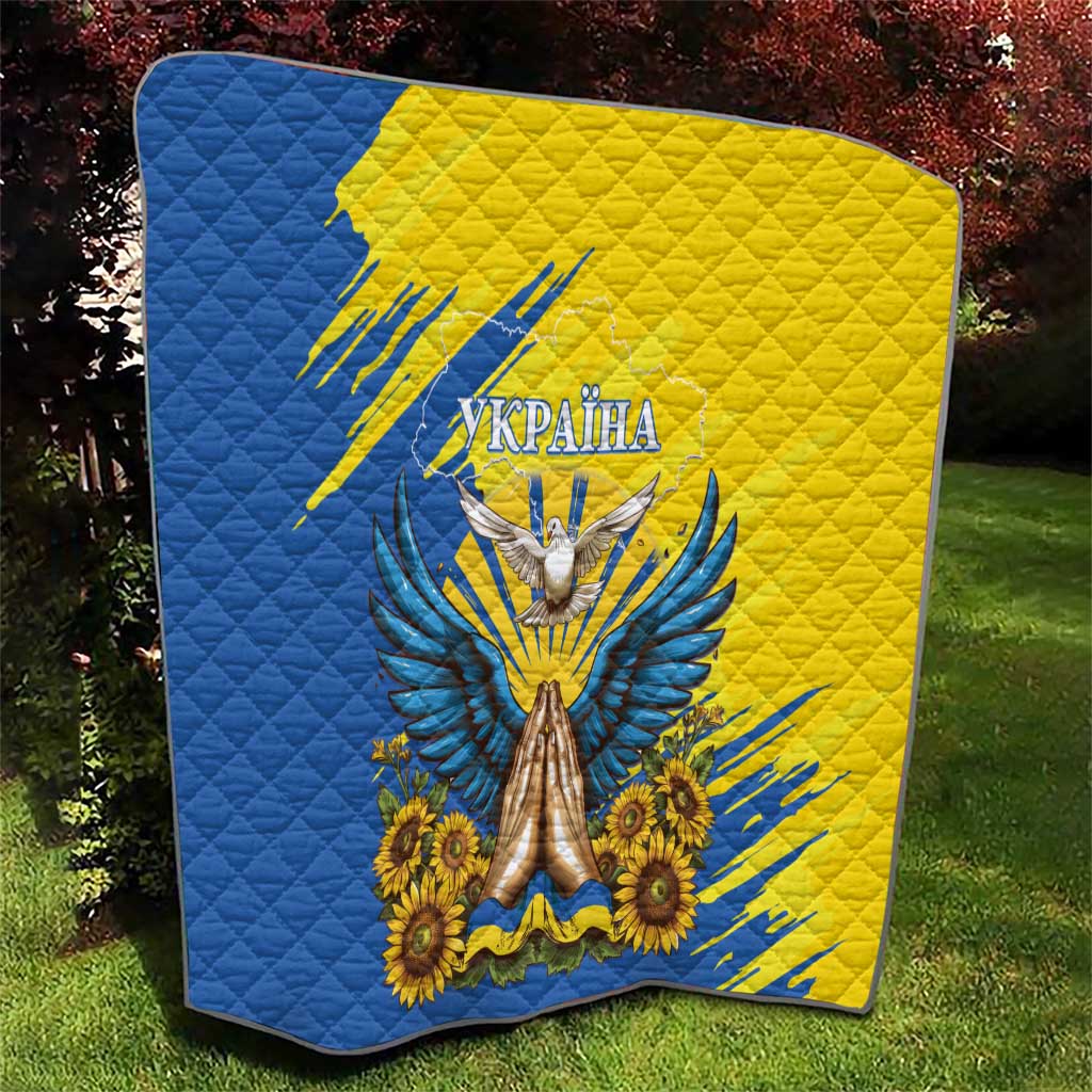 Quilted Ukraine Independence Day blanket with dove and sunflowers