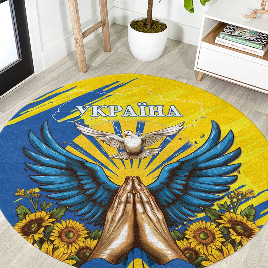 Round blue carpet with Ukraine map, dove, praying hands, and sunflowers