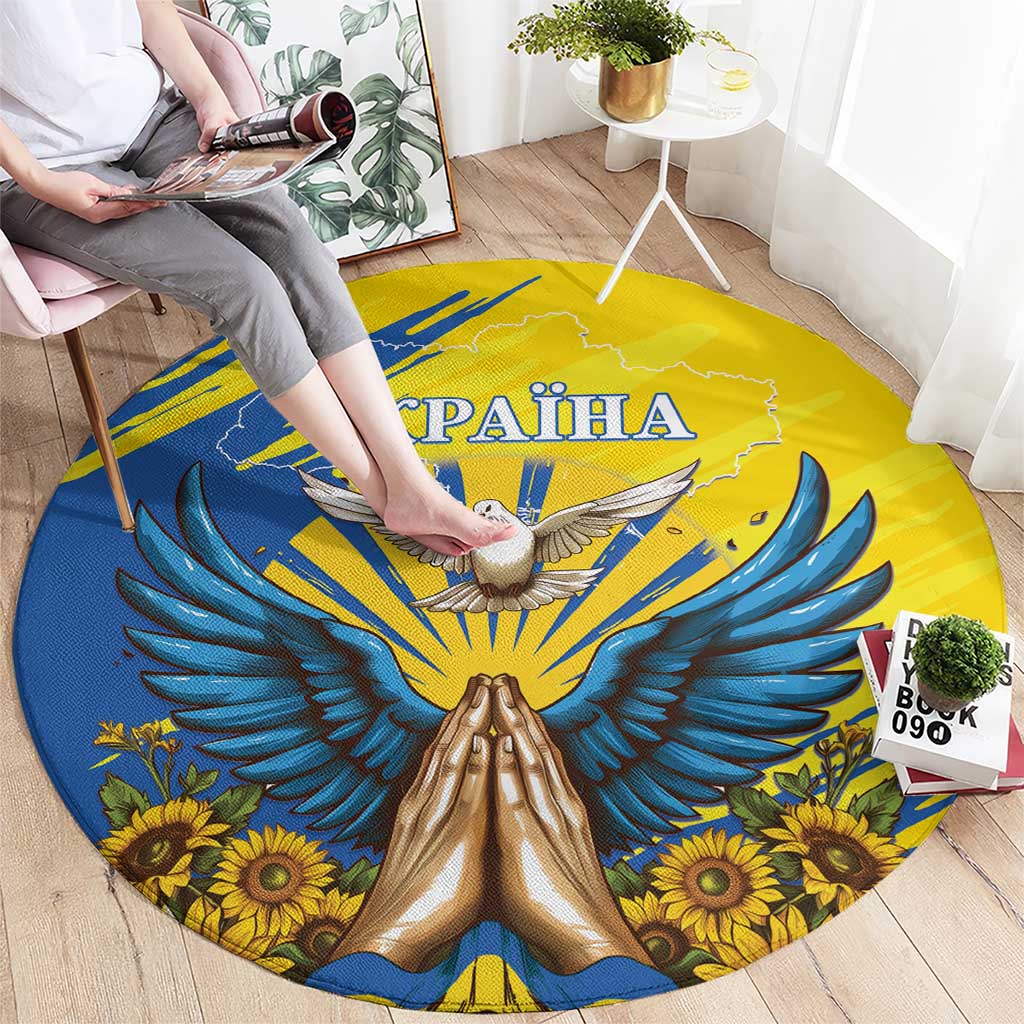 Round Ukraine Independence Day carpet with blue and yellow dove, hands, and sunflowers