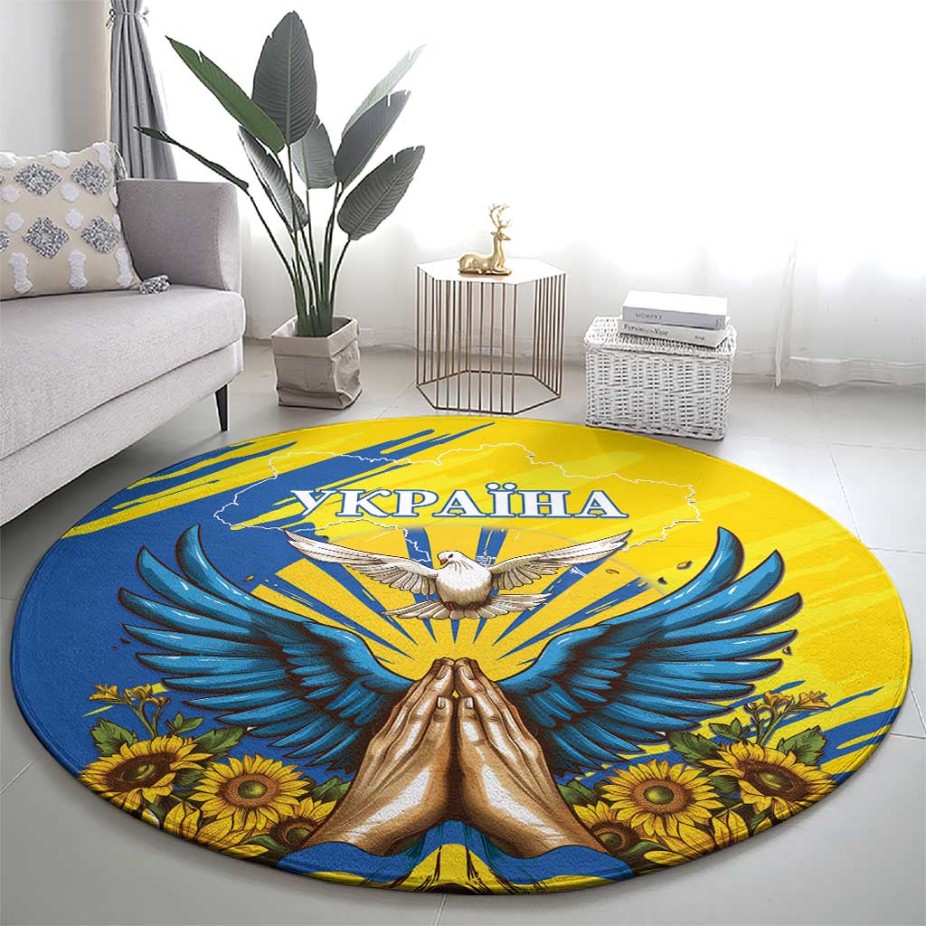 Round Ukrainian carpet with dove, praying hands, sunflowers, and blue-yellow design
