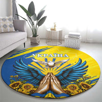 Round Ukrainian carpet with dove, praying hands, sunflowers, and blue-yellow design