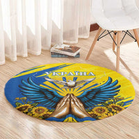 Round Ukraine Independence Day carpet with dove, sunflower, and praying hands in blue and yellow