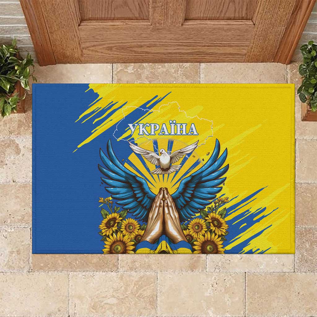 Blue and yellow rubber doormat with dove, sunflowers, and a central Ukraine banner
