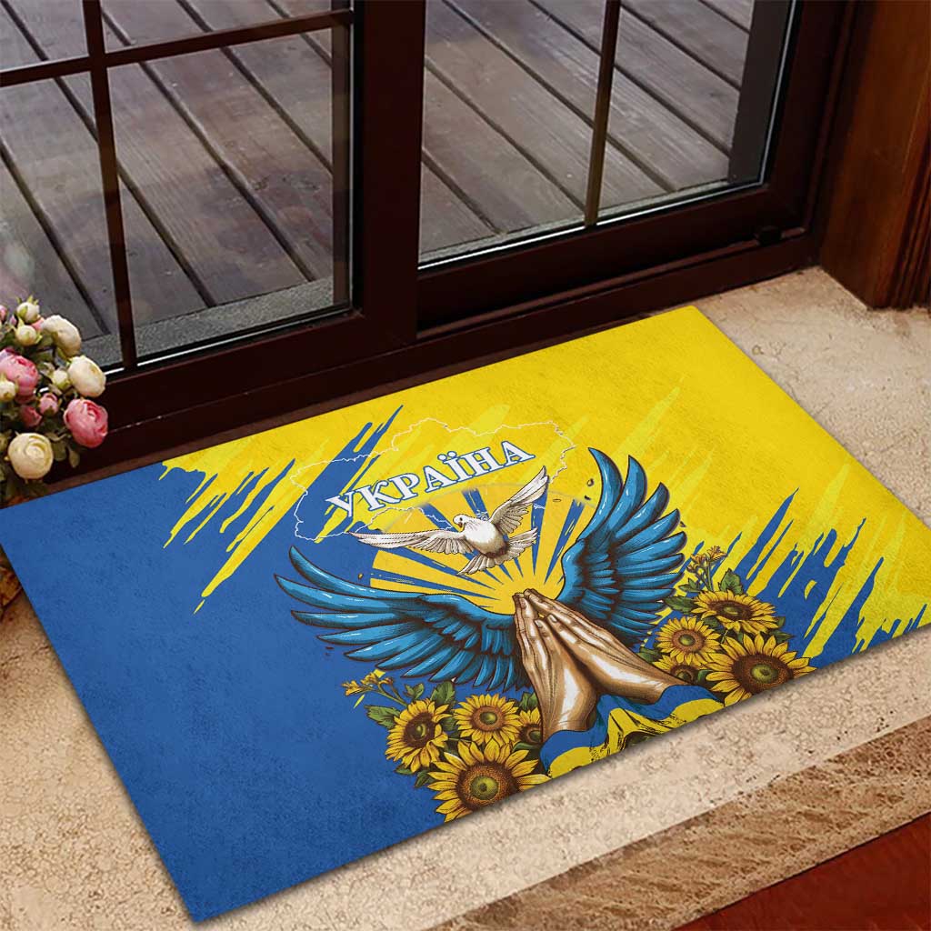 Blue and yellow rubber doormat featuring a flying dove, sunflowers, and Ukraine banner
