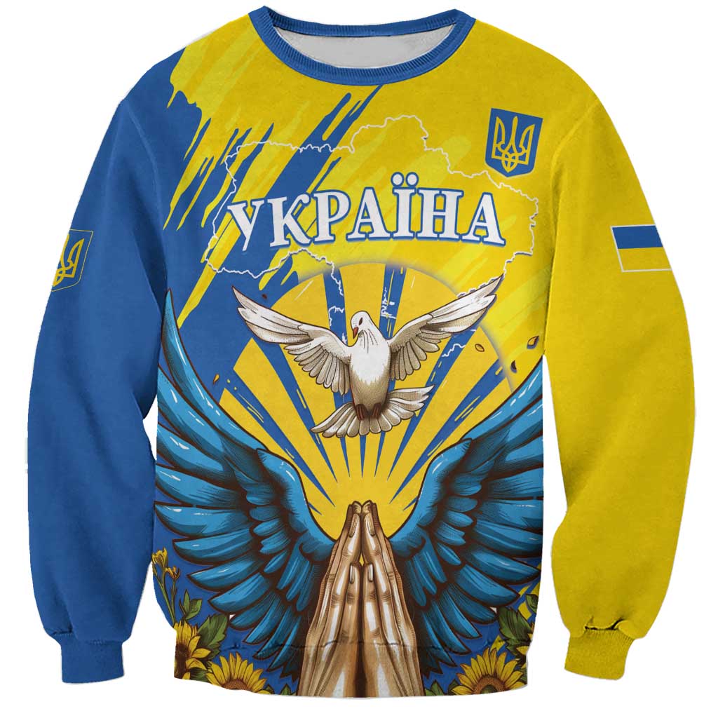 Unisex crewneck sweatshirt with dove and trident graphic, blue and yellow, long sleeves