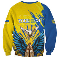 Unisex crewneck sweatshirt with dove graphic and YOUR TEXT, blue and yellow long sleeves