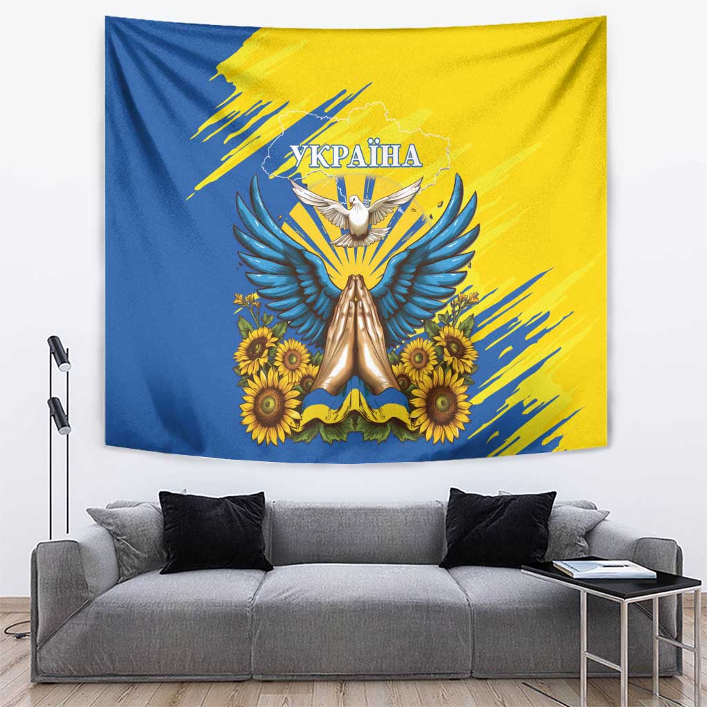Ukraine Independence Day tapestry with blue and yellow background, dove, wings, and sunflowers