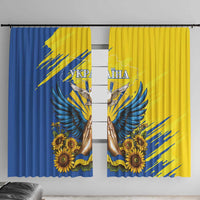 Two-tone window curtain panels, blue and yellow with dove wings and sunflower print.