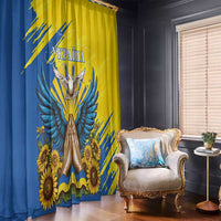 Window curtain panel in blue and yellow with dove figure and sunflower artwork.