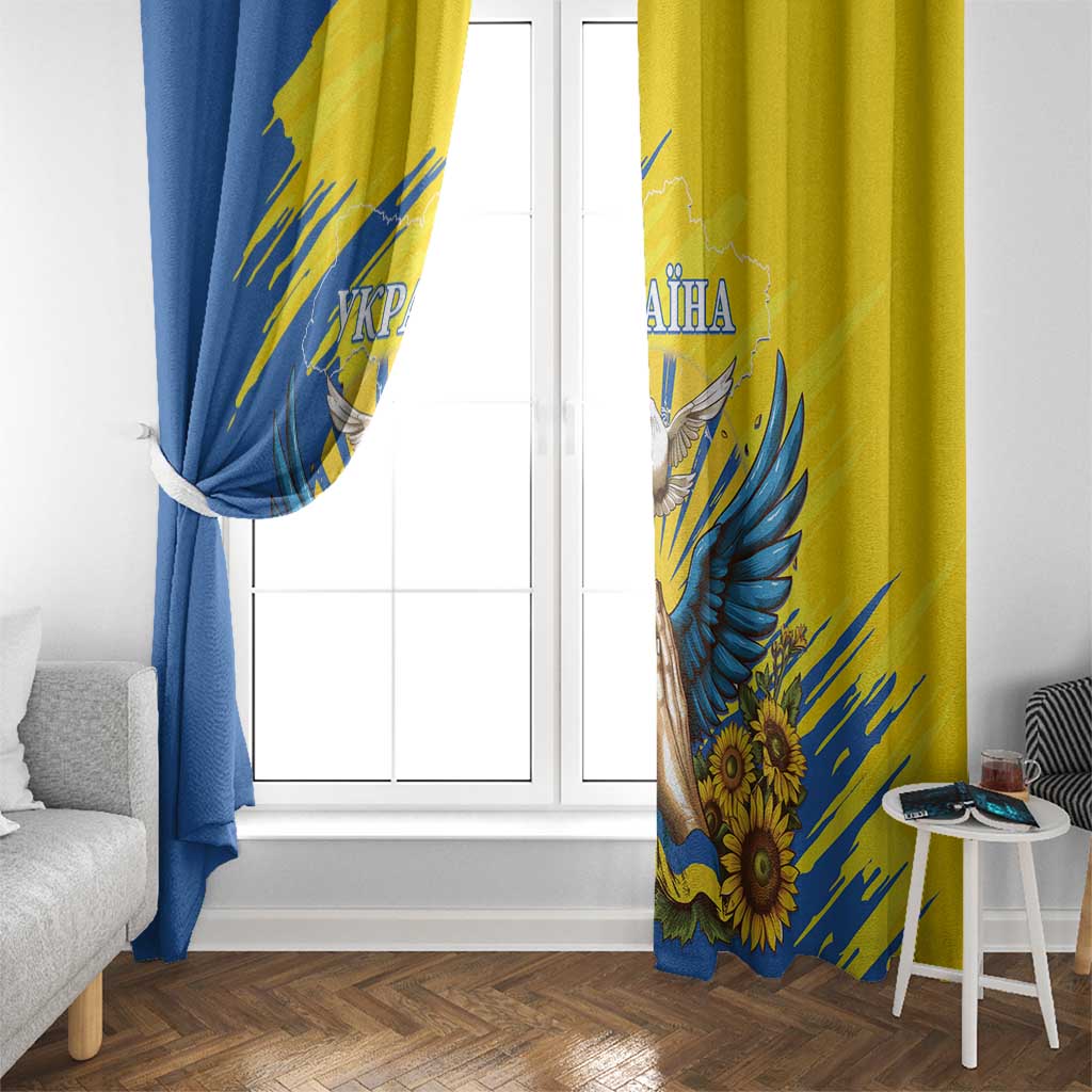 Pair of window curtains, blue and yellow, with dove wings and sunflower border print.