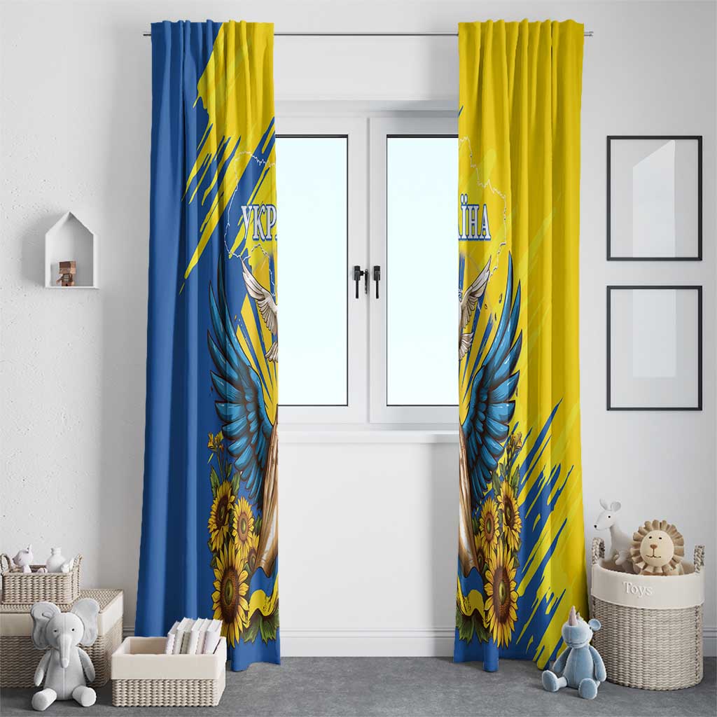 Two window curtain panels in blue and yellow featuring dove wings and sunflowers.