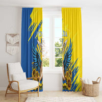 Blue and yellow window curtain set showing dove wings and sunflower flowers.