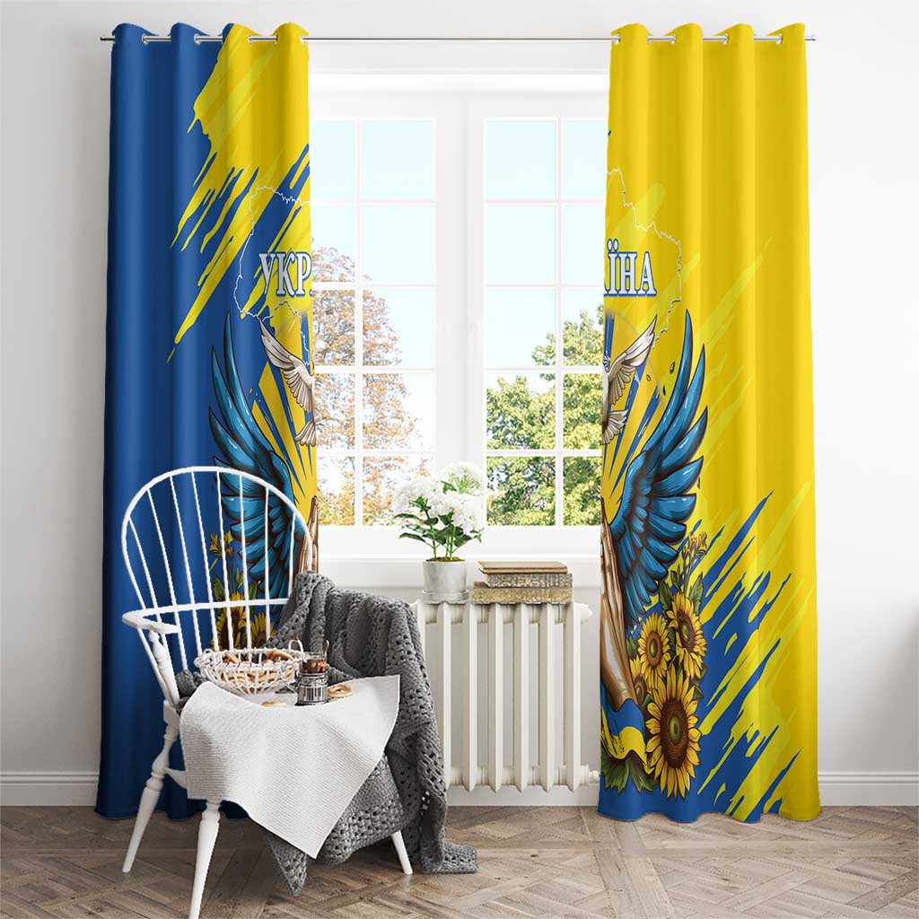 Hanging window curtains in blue and yellow with dove wings and sunflower motifs.