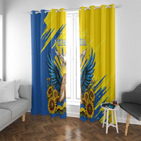Curtain pair with blue and yellow dove-wing print and sunflowers, top includes hooks.