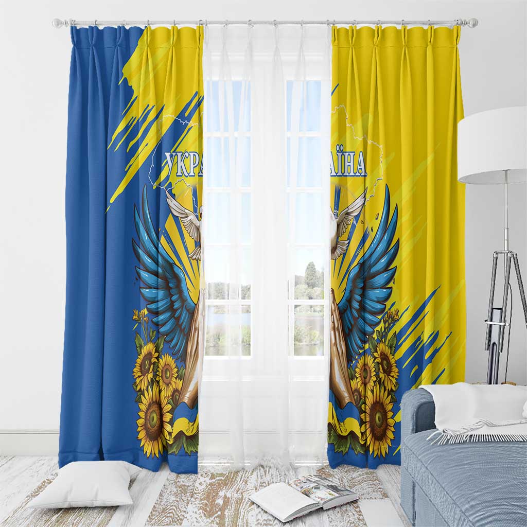 Two window curtain panels in blue and yellow with dove wings and sunflower artwork.
