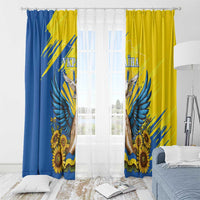 Two window curtain panels in blue and yellow with dove wings and sunflower artwork.