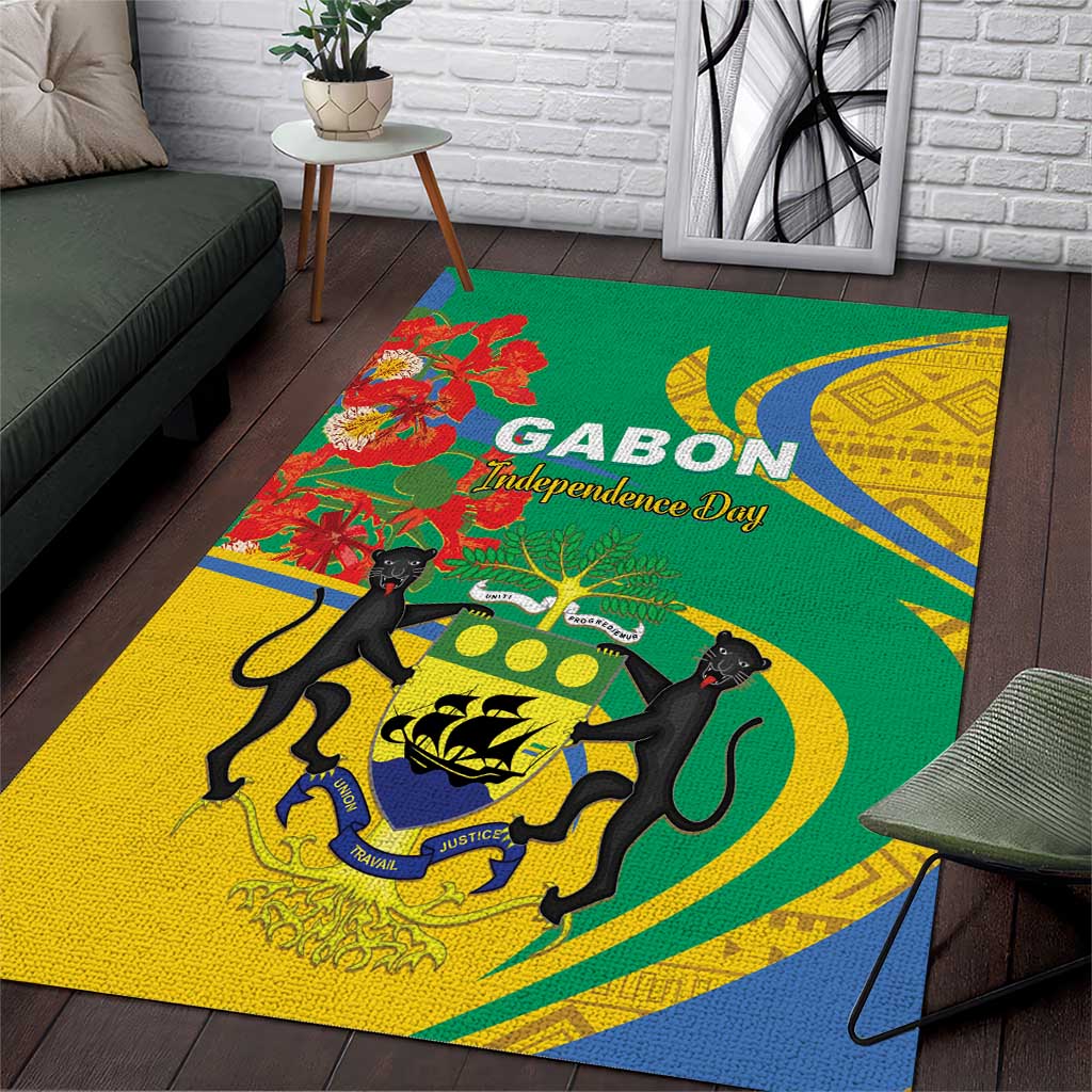 Rectangular area rug with green, yellow, blue and red Gabon Independence Day graphic
